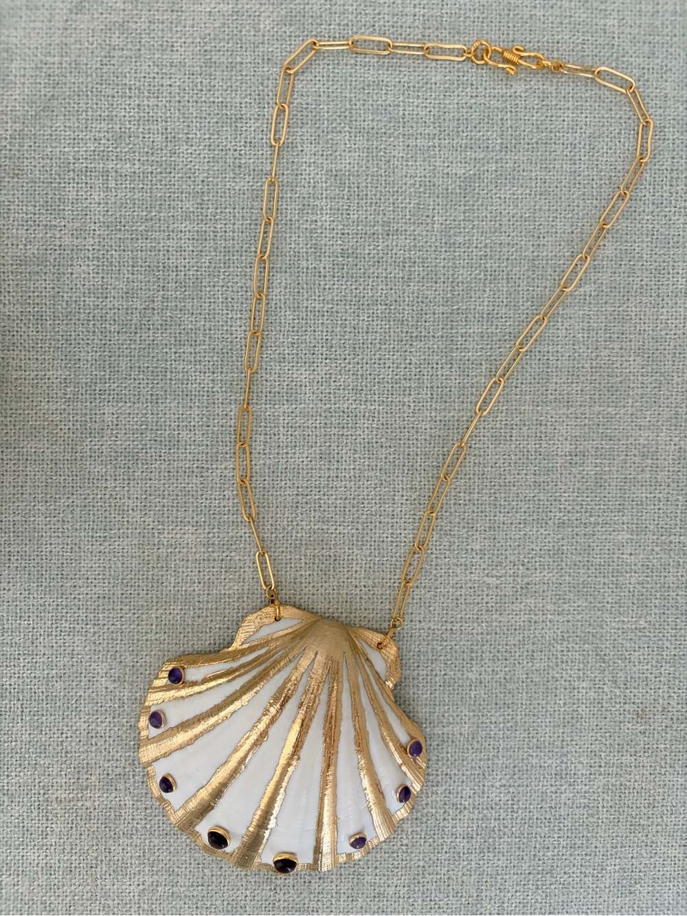 Gold Shell Pendant Necklace with White and Purple Accents